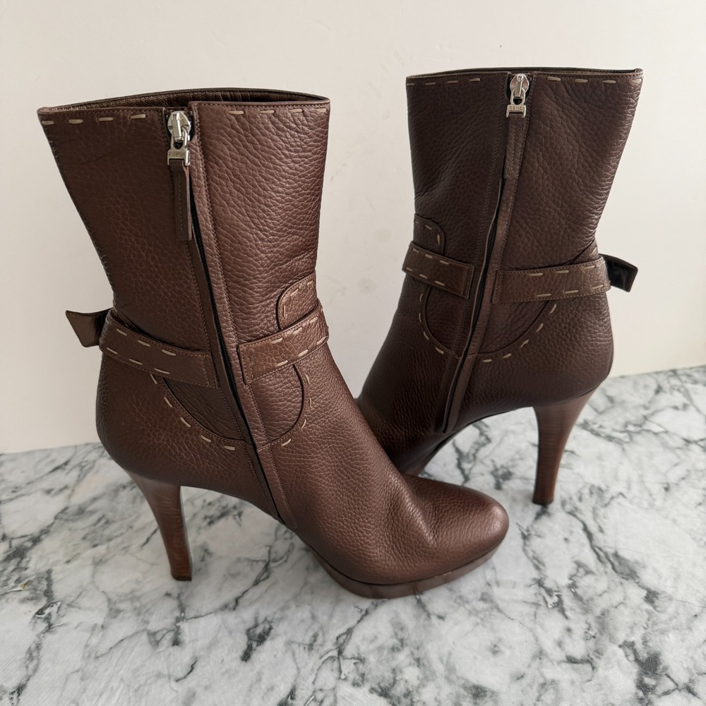 Fendi Italy Brown Pebbled Leather Whipstitch Ankle Buckle Boots Platform 41 (11) - Picture 7 of 16